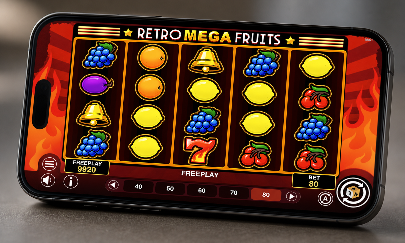 Retro Mega Fruits screenshot - sevens and bells lined up across the 5x4 grid for an Allways win